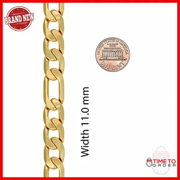 11mm Figaro Chain Bracelet 24k Gold Plated Unisex Sizes 8-10 Inch - Picture 5 of 7